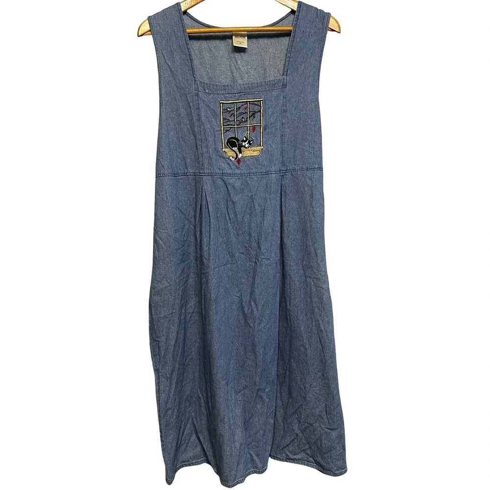 VTG y2k Denim Jumper Dress SZ PL Embroidered Cat Window Cottagecore Pinafore